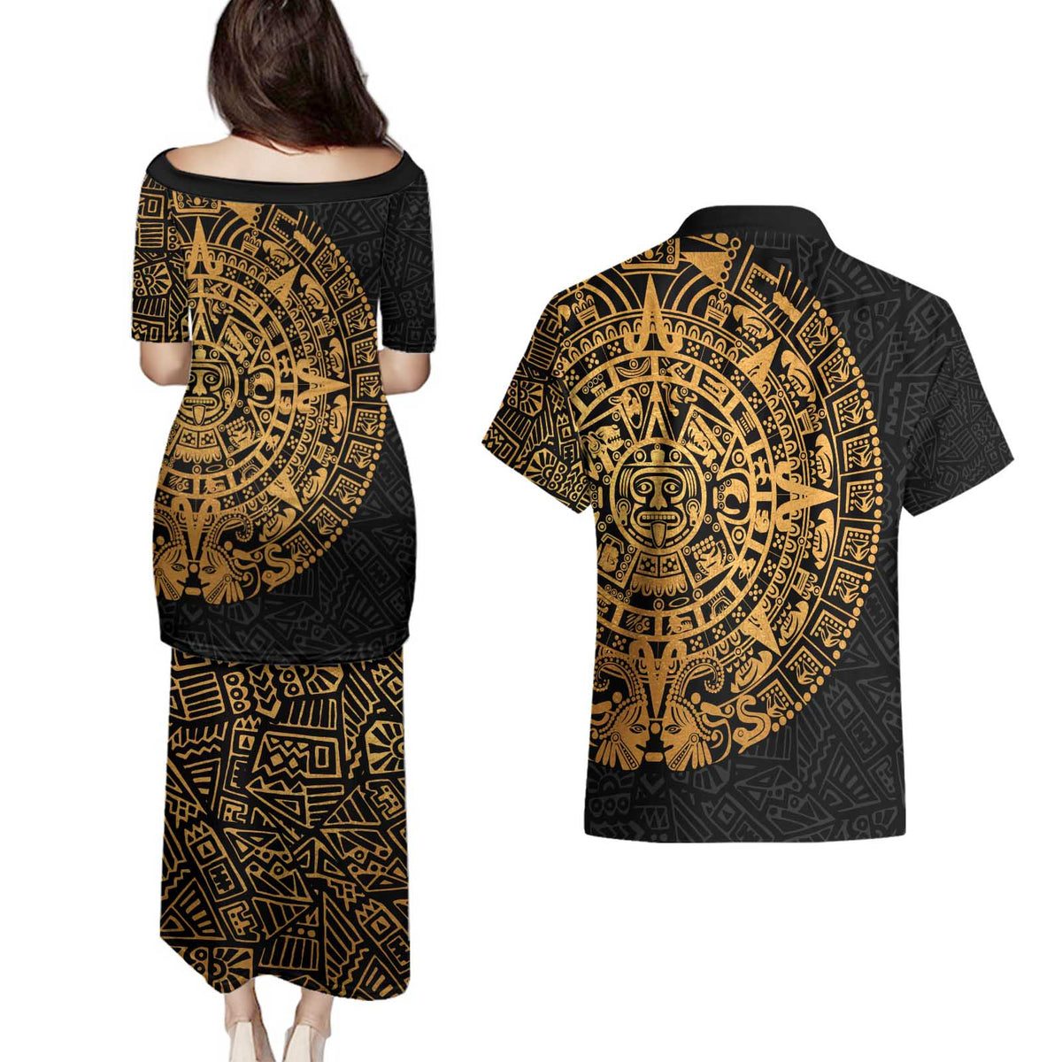 Mexican Aztec Couples Matching Puletasi and Hawaiian Shirt Golden Coat of Arm - Wonder Print Shop