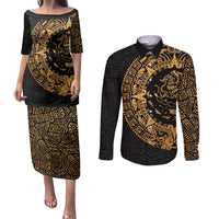 Mexican Aztec Couples Matching Puletasi and Long Sleeve Button Shirt Golden Coat of Arm - Wonder Print Shop