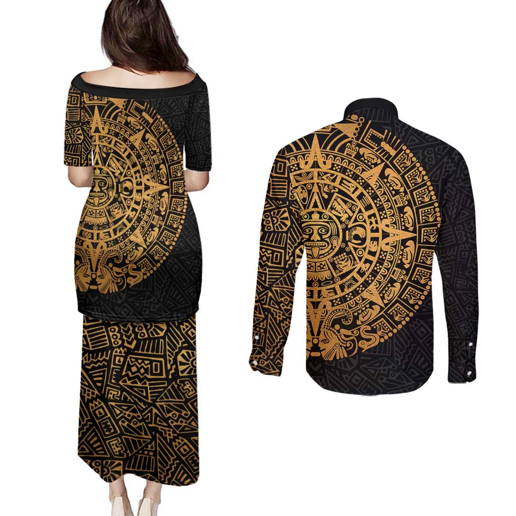 Mexican Aztec Couples Matching Puletasi and Long Sleeve Button Shirt Golden Coat of Arm - Wonder Print Shop
