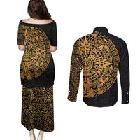 Mexican Aztec Couples Matching Puletasi and Long Sleeve Button Shirt Golden Coat of Arm - Wonder Print Shop