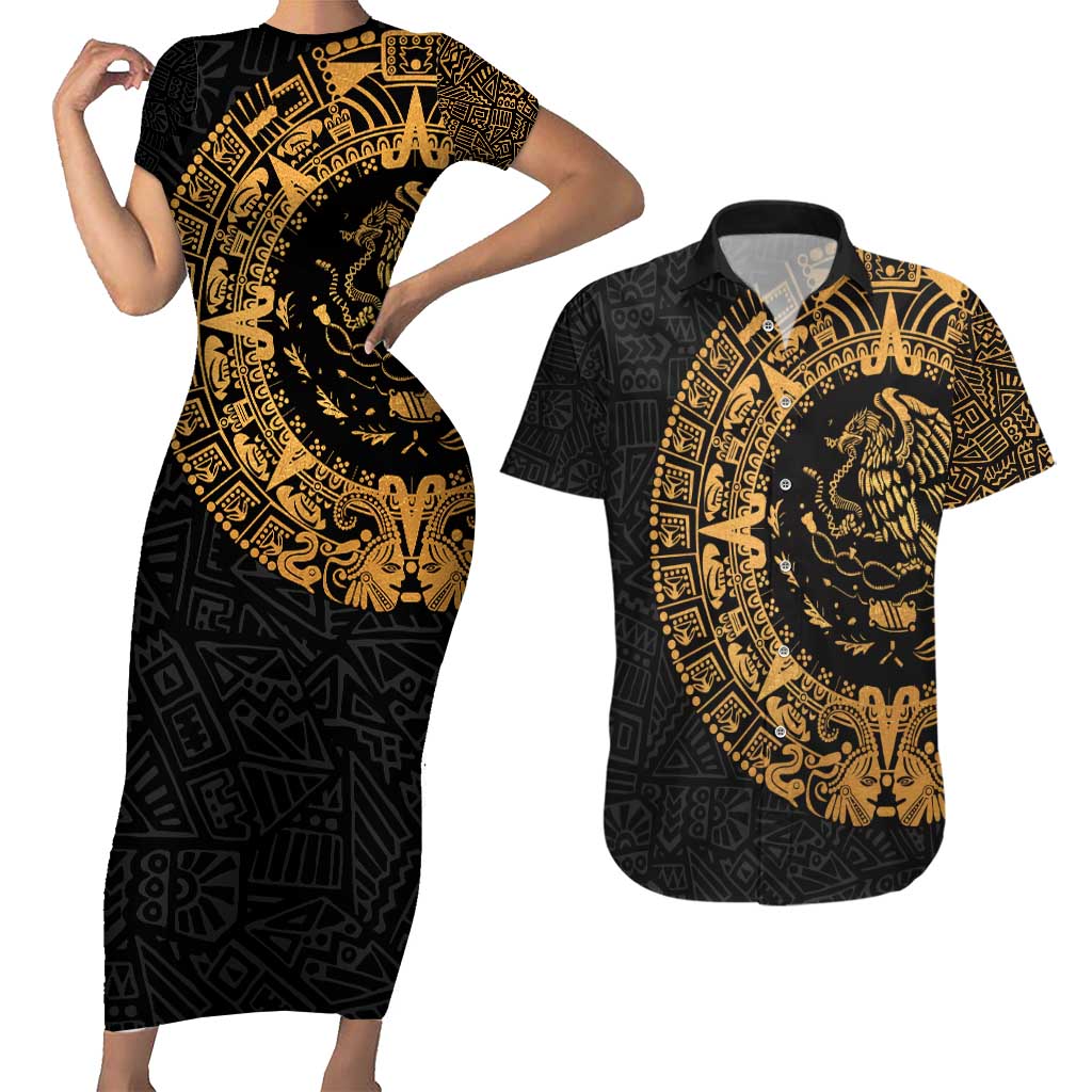 Mexican Aztec Couples Matching Short Sleeve Bodycon Dress and Hawaiian Shirt Golden Coat of Arm - Wonder Print Shop