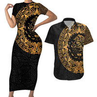 Mexican Aztec Couples Matching Short Sleeve Bodycon Dress and Hawaiian Shirt Golden Coat of Arm - Wonder Print Shop