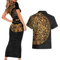 Mexican Aztec Couples Matching Short Sleeve Bodycon Dress and Hawaiian Shirt Golden Coat of Arm - Wonder Print Shop