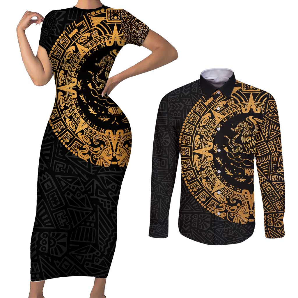 Mexican Aztec Couples Matching Short Sleeve Bodycon Dress and Long Sleeve Button Shirt Golden Coat of Arm - Wonder Print Shop