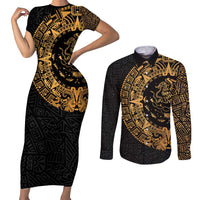 Mexican Aztec Couples Matching Short Sleeve Bodycon Dress and Long Sleeve Button Shirt Golden Coat of Arm - Wonder Print Shop