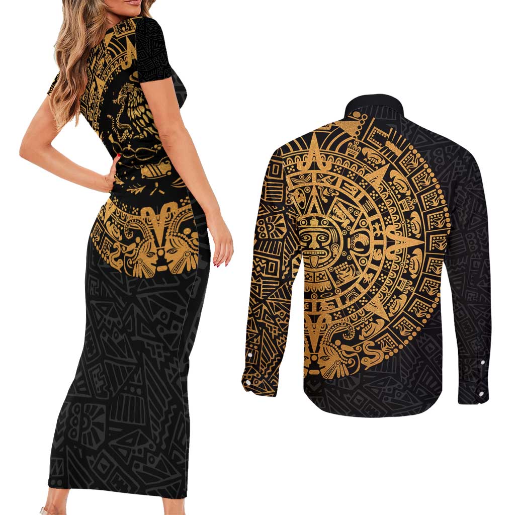 Mexican Aztec Couples Matching Short Sleeve Bodycon Dress and Long Sleeve Button Shirt Golden Coat of Arm - Wonder Print Shop