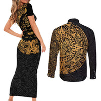 Mexican Aztec Couples Matching Short Sleeve Bodycon Dress and Long Sleeve Button Shirt Golden Coat of Arm - Wonder Print Shop