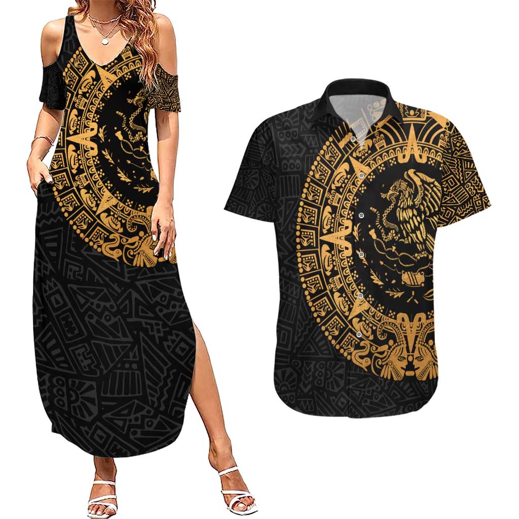 Mexican Aztec Couples Matching Summer Maxi Dress and Hawaiian Shirt Golden Coat of Arm - Wonder Print Shop