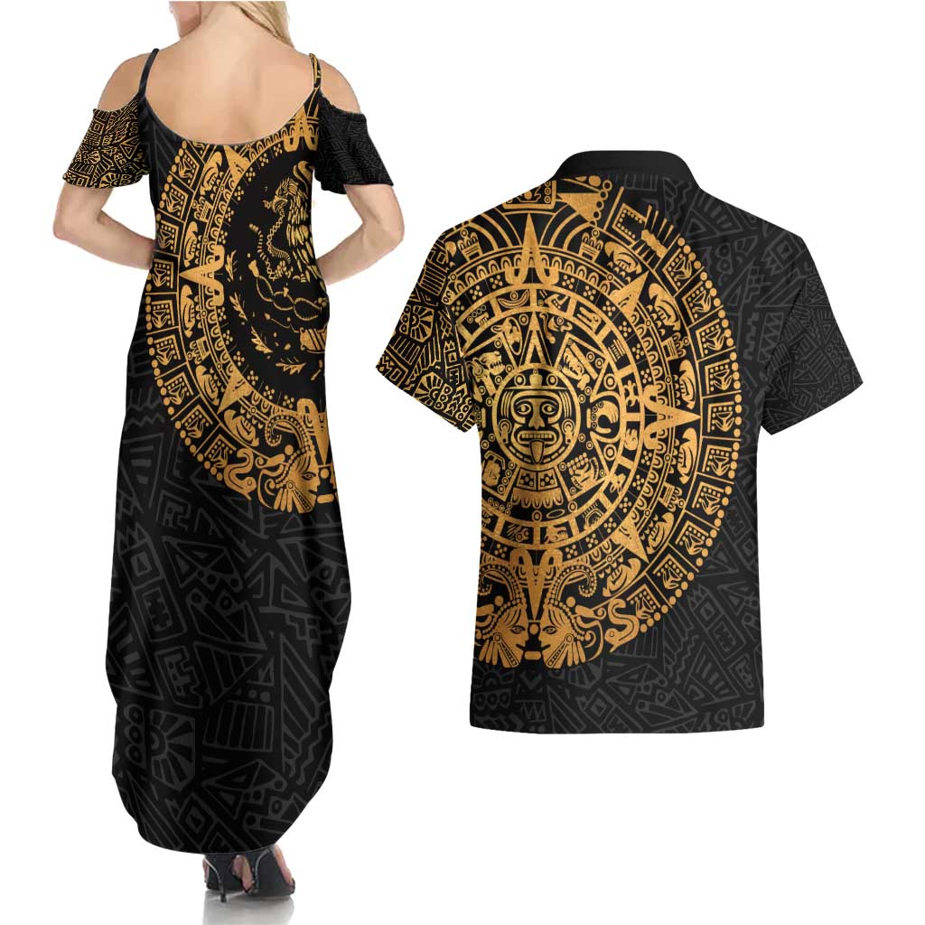 Mexican Aztec Couples Matching Summer Maxi Dress and Hawaiian Shirt Golden Coat of Arm - Wonder Print Shop