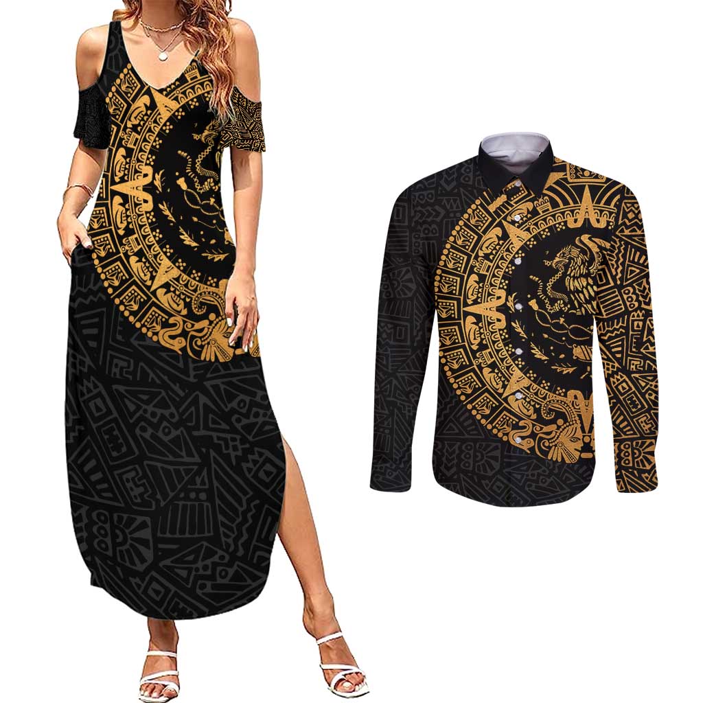 Mexican Aztec Couples Matching Summer Maxi Dress and Long Sleeve Button Shirt Golden Coat of Arm - Wonder Print Shop