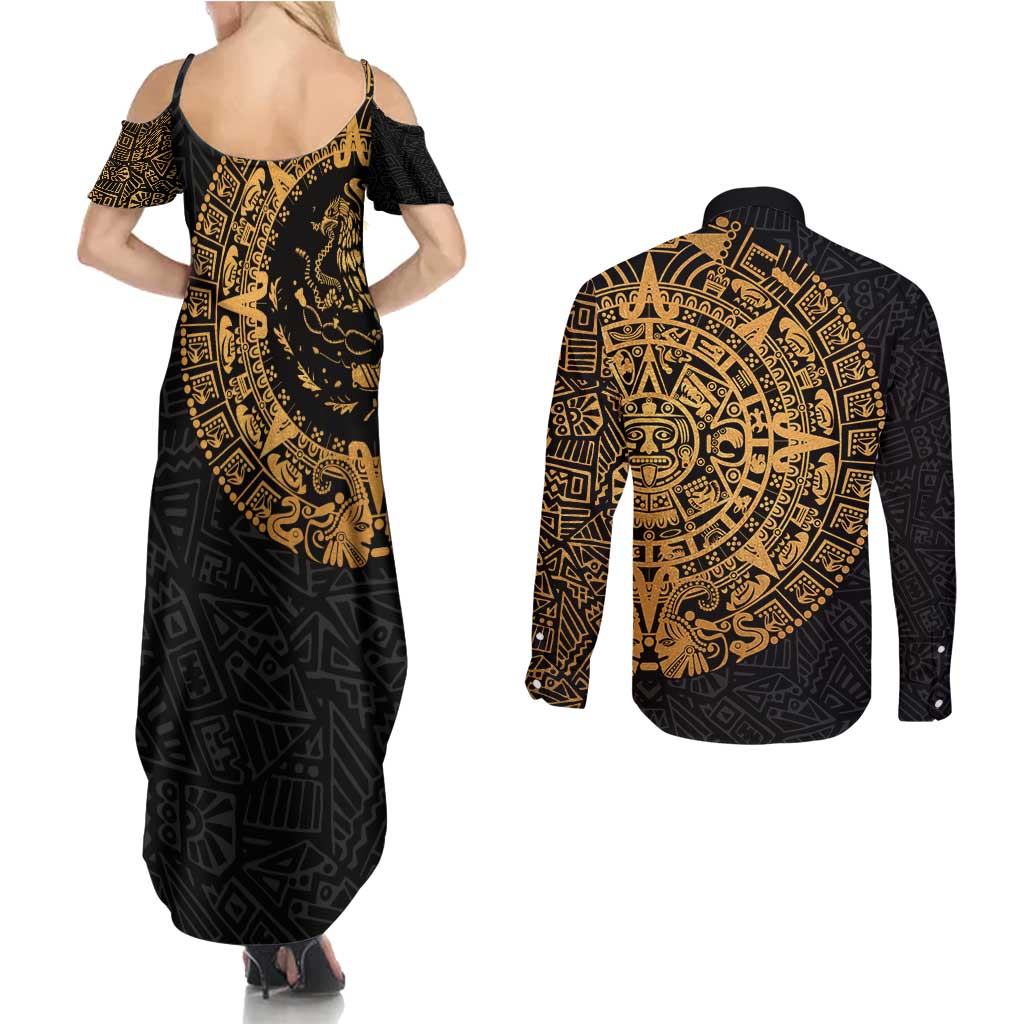 Mexican Aztec Couples Matching Summer Maxi Dress and Long Sleeve Button Shirt Golden Coat of Arm - Wonder Print Shop
