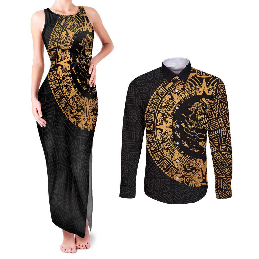 Mexican Aztec Couples Matching Tank Maxi Dress and Long Sleeve Button Shirt Golden Coat of Arm - Wonder Print Shop