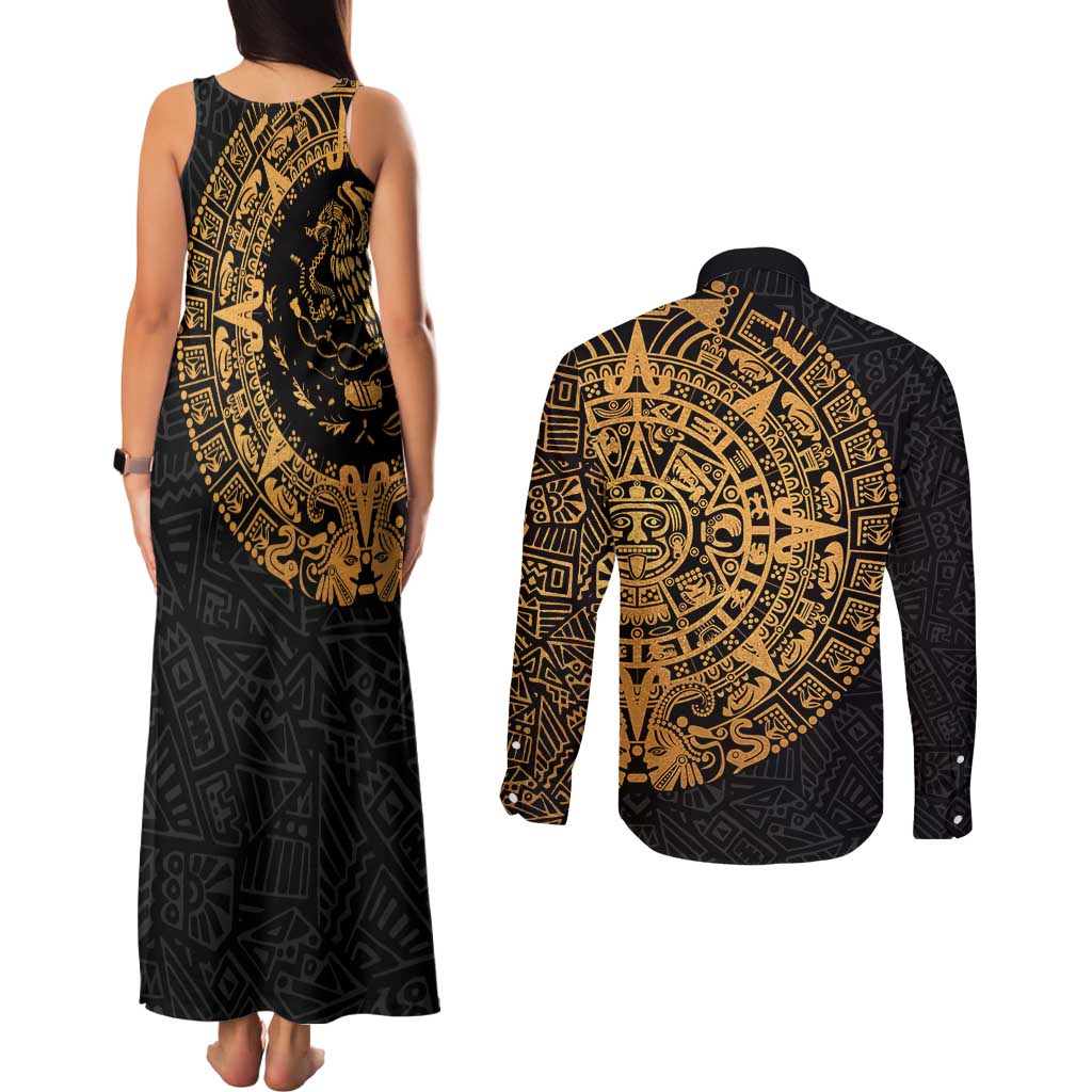 Mexican Aztec Couples Matching Tank Maxi Dress and Long Sleeve Button Shirt Golden Coat of Arm - Wonder Print Shop