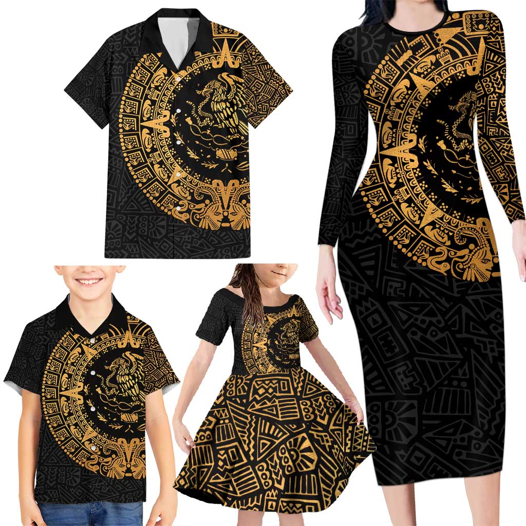 Mexican Aztec Family Matching Long Sleeve Bodycon Dress and Hawaiian Shirt Golden Coat of Arm - Wonder Print Shop