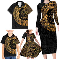 Mexican Aztec Family Matching Long Sleeve Bodycon Dress and Hawaiian Shirt Golden Coat of Arm - Wonder Print Shop