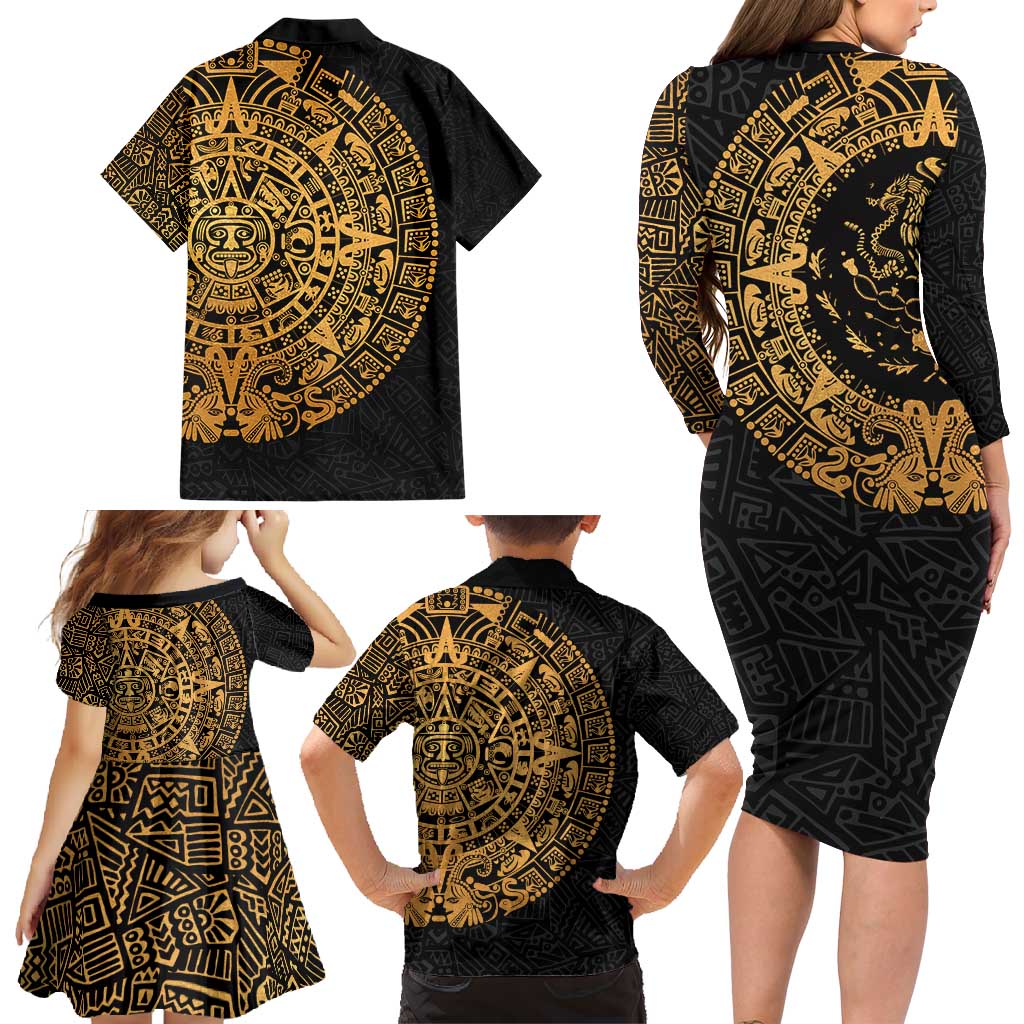 Mexican Aztec Family Matching Long Sleeve Bodycon Dress and Hawaiian Shirt Golden Coat of Arm - Wonder Print Shop
