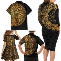 Mexican Aztec Family Matching Long Sleeve Bodycon Dress and Hawaiian Shirt Golden Coat of Arm - Wonder Print Shop