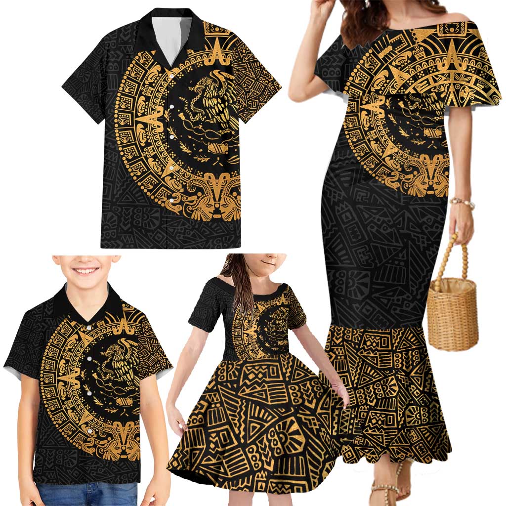 Mexican Aztec Family Matching Mermaid Dress and Hawaiian Shirt Golden Coat of Arm - Wonder Print Shop