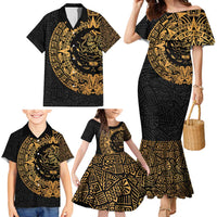 Mexican Aztec Family Matching Mermaid Dress and Hawaiian Shirt Golden Coat of Arm - Wonder Print Shop