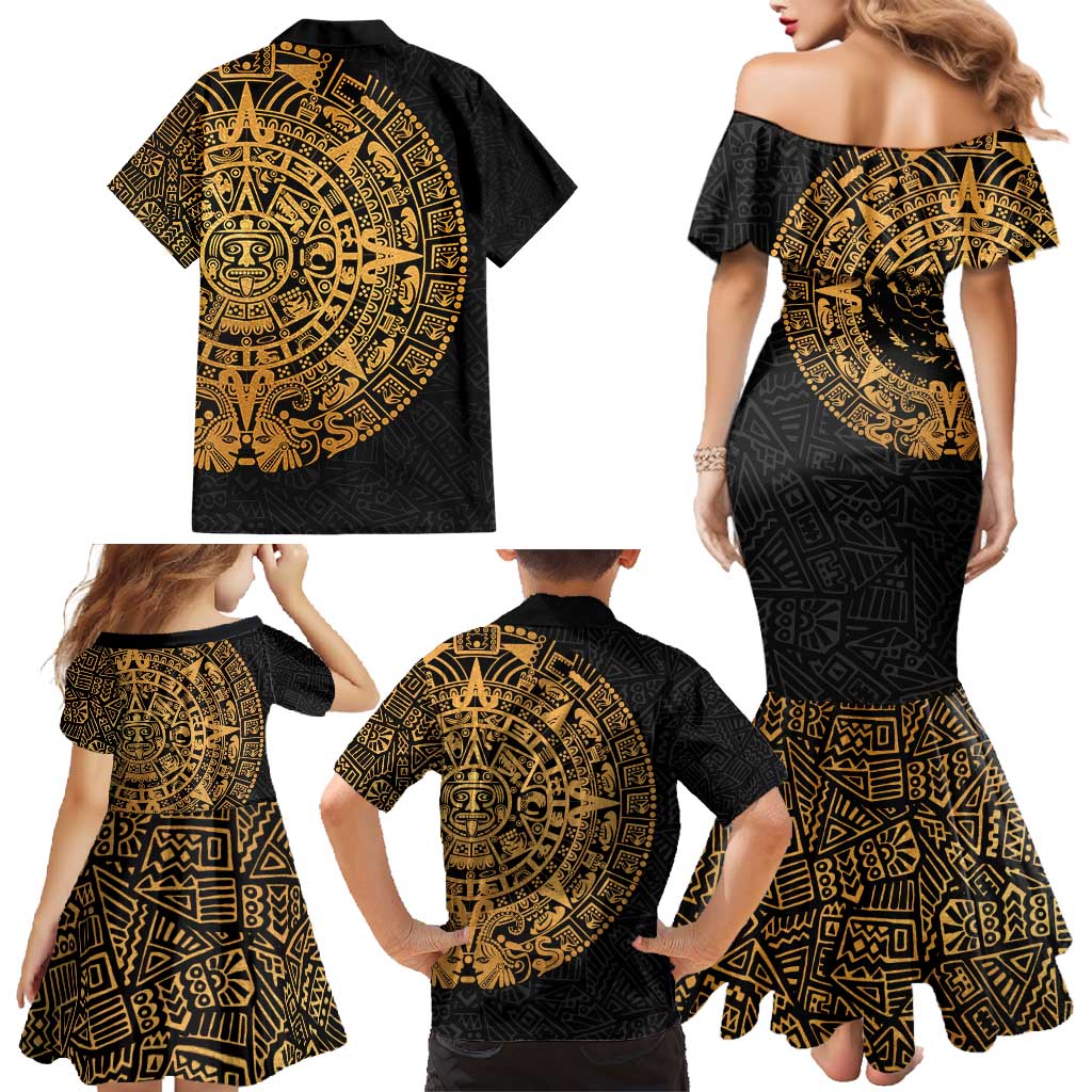 Mexican Aztec Family Matching Mermaid Dress and Hawaiian Shirt Golden Coat of Arm - Wonder Print Shop