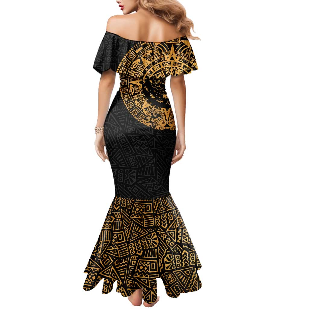 Mexican Aztec Family Matching Mermaid Dress and Hawaiian Shirt Golden Coat of Arm - Wonder Print Shop