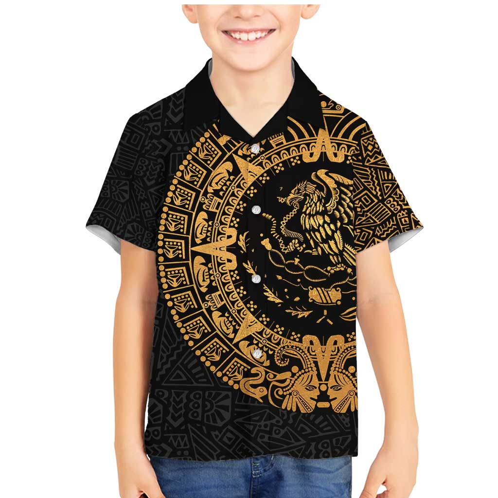 Mexican Aztec Family Matching Mermaid Dress and Hawaiian Shirt Golden Coat of Arm - Wonder Print Shop