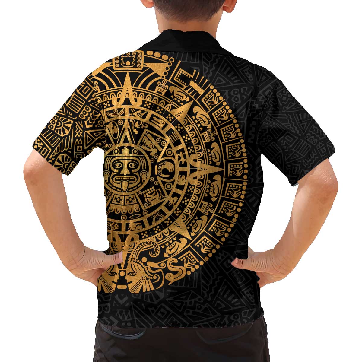 Mexican Aztec Family Matching Off The Shoulder Long Sleeve Dress and Hawaiian Shirt Golden Coat of Arm - Wonder Print Shop
