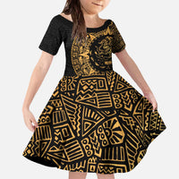 Mexican Aztec Family Matching Off The Shoulder Long Sleeve Dress and Hawaiian Shirt Golden Coat of Arm - Wonder Print Shop