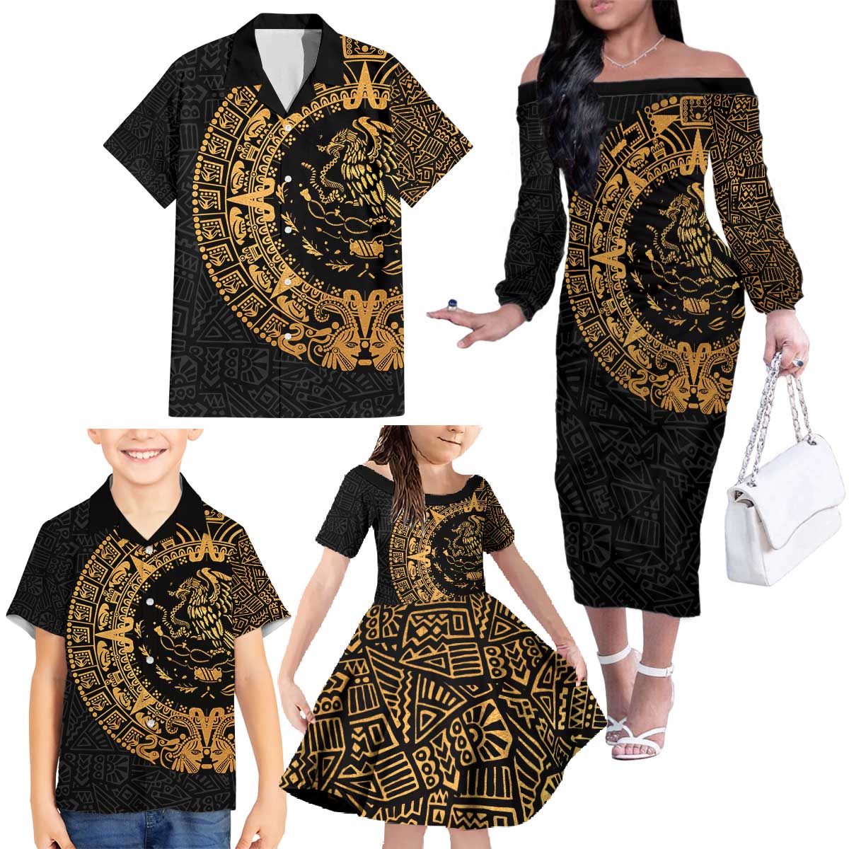 Mexican Aztec Family Matching Off The Shoulder Long Sleeve Dress and Hawaiian Shirt Golden Coat of Arm - Wonder Print Shop
