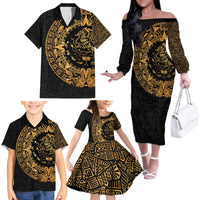 Mexican Aztec Family Matching Off The Shoulder Long Sleeve Dress and Hawaiian Shirt Golden Coat of Arm - Wonder Print Shop