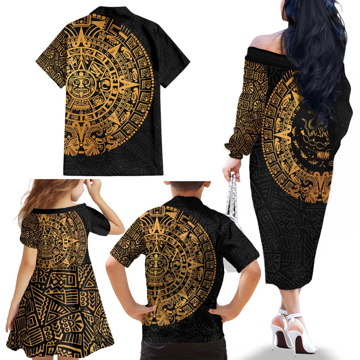 Mexican Aztec Family Matching Off The Shoulder Long Sleeve Dress and Hawaiian Shirt Golden Coat of Arm - Wonder Print Shop