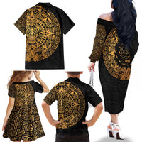 Mexican Aztec Family Matching Off The Shoulder Long Sleeve Dress and Hawaiian Shirt Golden Coat of Arm - Wonder Print Shop