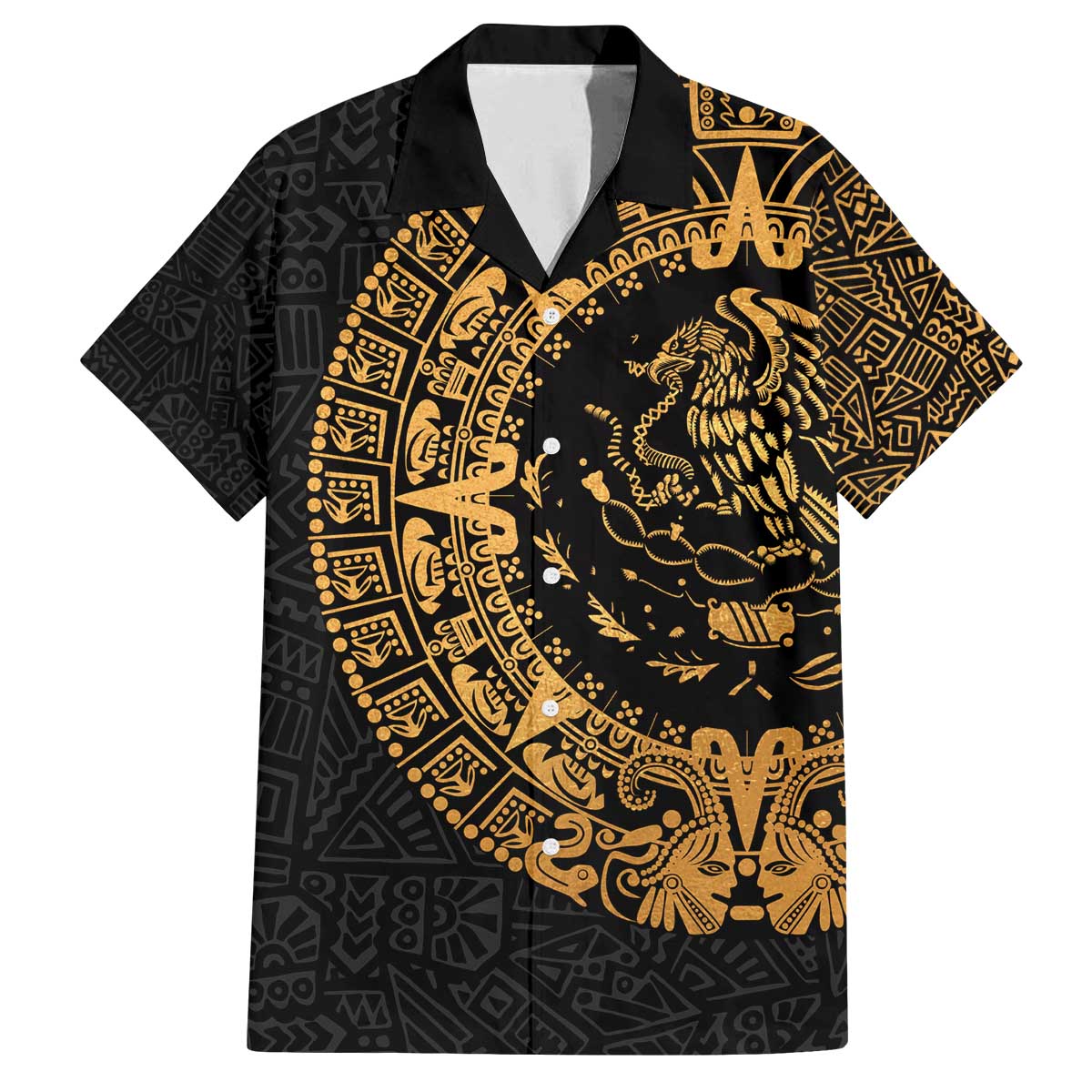 Mexican Aztec Family Matching Off The Shoulder Long Sleeve Dress and Hawaiian Shirt Golden Coat of Arm - Wonder Print Shop