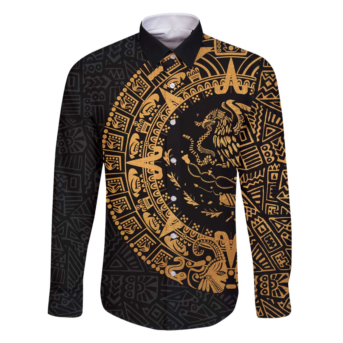 Mexican Aztec Family Matching Off The Shoulder Long Sleeve Dress and Hawaiian Shirt Golden Coat of Arm - Wonder Print Shop