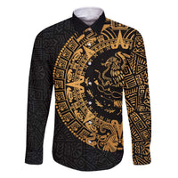 Mexican Aztec Family Matching Off The Shoulder Long Sleeve Dress and Hawaiian Shirt Golden Coat of Arm - Wonder Print Shop