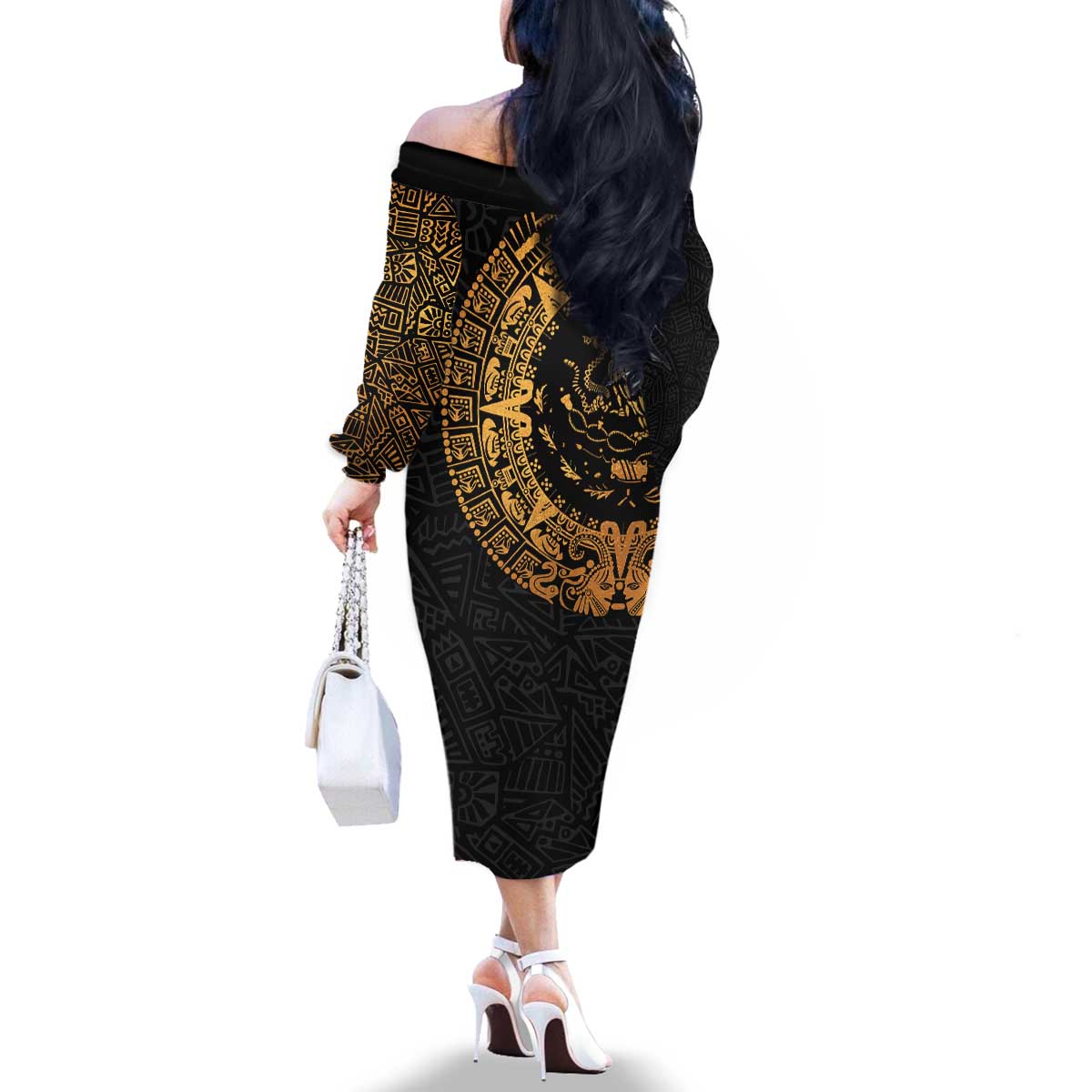 Mexican Aztec Family Matching Off The Shoulder Long Sleeve Dress and Hawaiian Shirt Golden Coat of Arm - Wonder Print Shop
