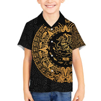 Mexican Aztec Family Matching Off The Shoulder Long Sleeve Dress and Hawaiian Shirt Golden Coat of Arm - Wonder Print Shop