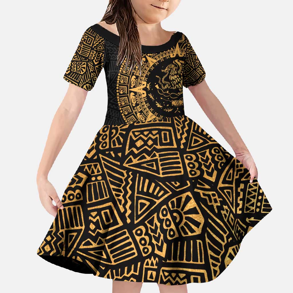 Mexican Aztec Family Matching Off Shoulder Maxi Dress and Hawaiian Shirt Golden Coat of Arm - Wonder Print Shop