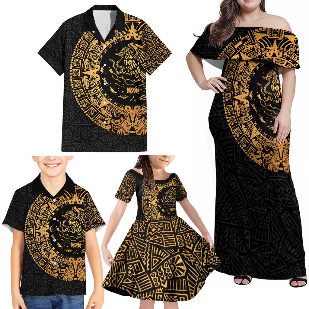 Mexican Aztec Family Matching Off Shoulder Maxi Dress and Hawaiian Shirt Golden Coat of Arm - Wonder Print Shop