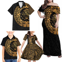 Mexican Aztec Family Matching Off Shoulder Maxi Dress and Hawaiian Shirt Golden Coat of Arm - Wonder Print Shop