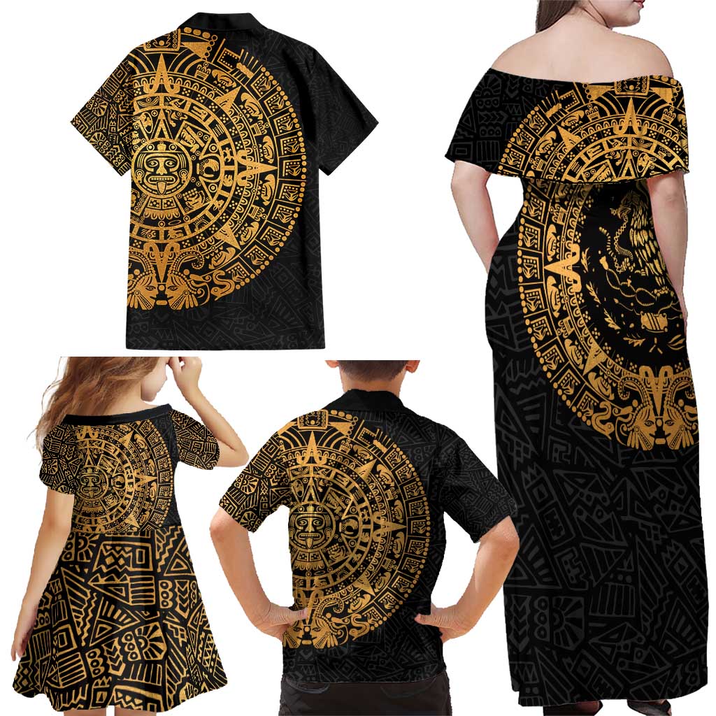 Mexican Aztec Family Matching Off Shoulder Maxi Dress and Hawaiian Shirt Golden Coat of Arm - Wonder Print Shop