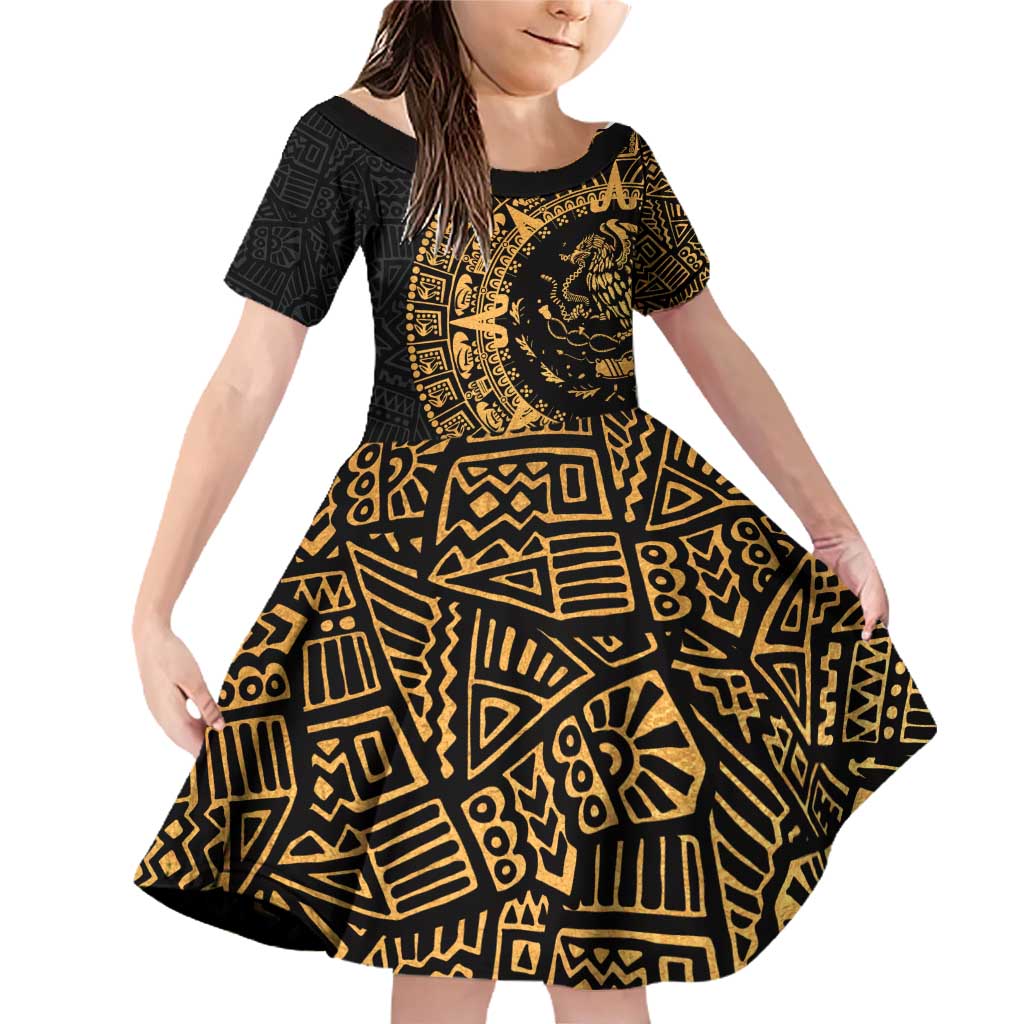 Mexican Aztec Family Matching Off Shoulder Short Dress and Hawaiian Shirt Golden Coat of Arm - Wonder Print Shop