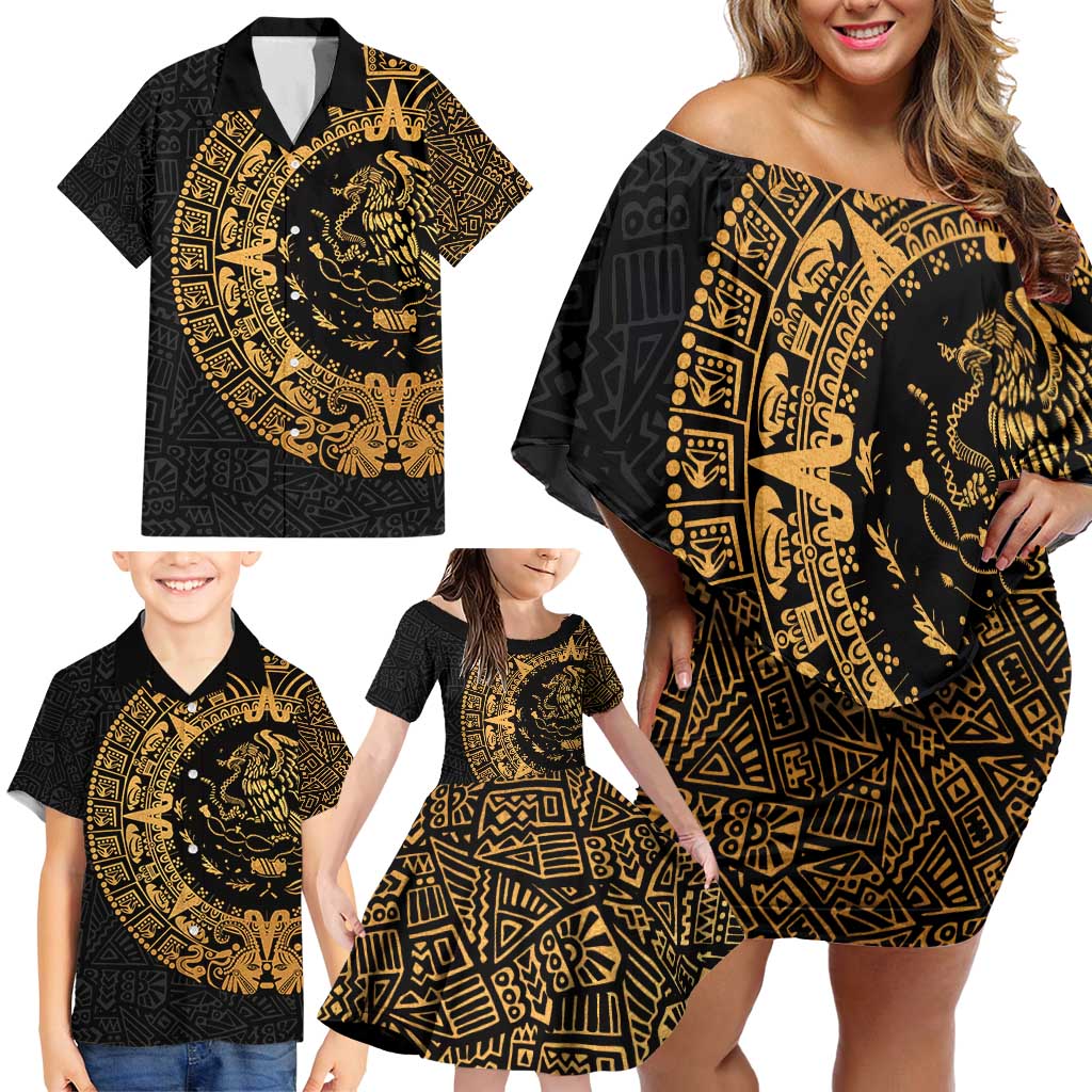 Mexican Aztec Family Matching Off Shoulder Short Dress and Hawaiian Shirt Golden Coat of Arm - Wonder Print Shop