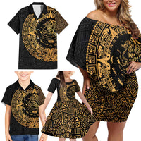 Mexican Aztec Family Matching Off Shoulder Short Dress and Hawaiian Shirt Golden Coat of Arm - Wonder Print Shop