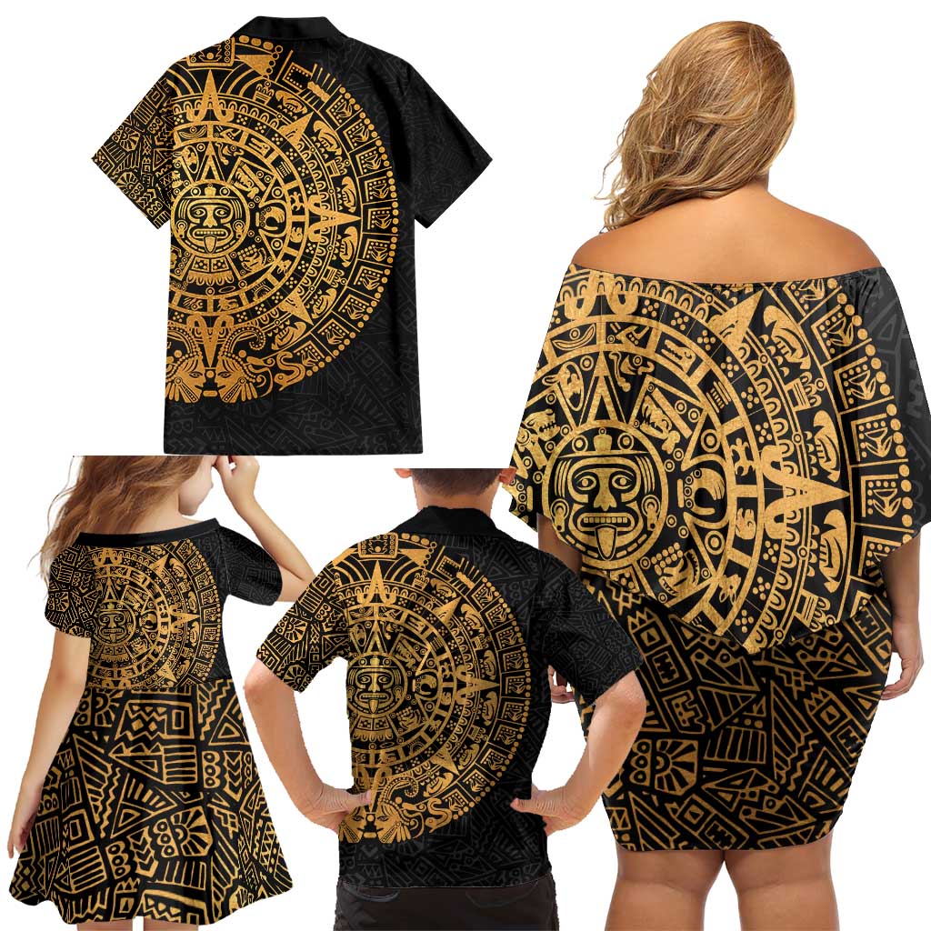 Mexican Aztec Family Matching Off Shoulder Short Dress and Hawaiian Shirt Golden Coat of Arm - Wonder Print Shop
