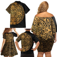 Mexican Aztec Family Matching Off Shoulder Short Dress and Hawaiian Shirt Golden Coat of Arm - Wonder Print Shop