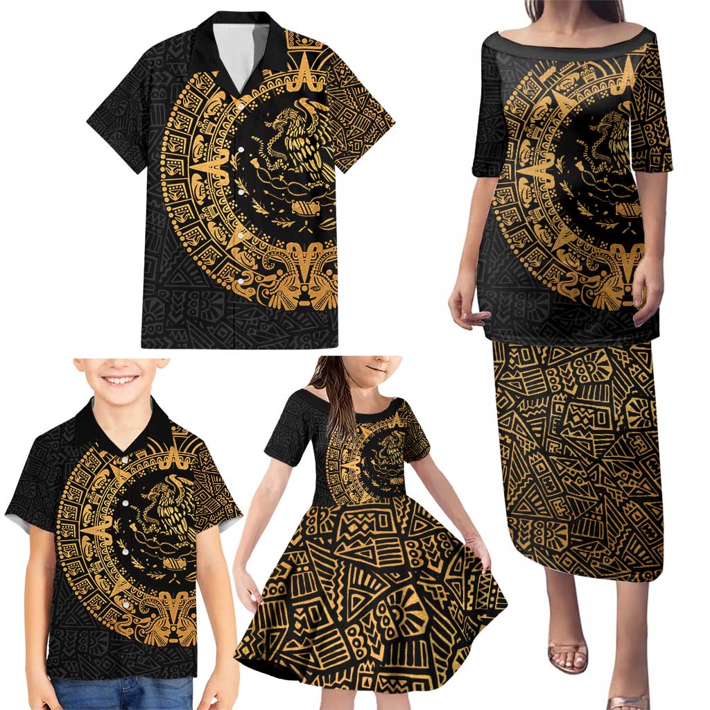 Mexican Aztec Family Matching Puletasi and Hawaiian Shirt Golden Coat of Arm - Wonder Print Shop