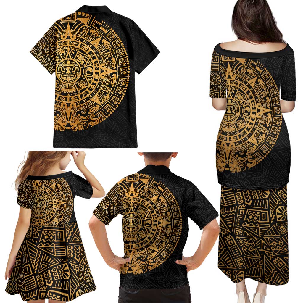 Mexican Aztec Family Matching Puletasi and Hawaiian Shirt Golden Coat of Arm - Wonder Print Shop