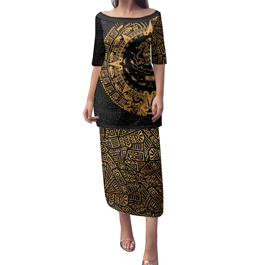 Mexican Aztec Family Matching Puletasi and Hawaiian Shirt Golden Coat of Arm - Wonder Print Shop