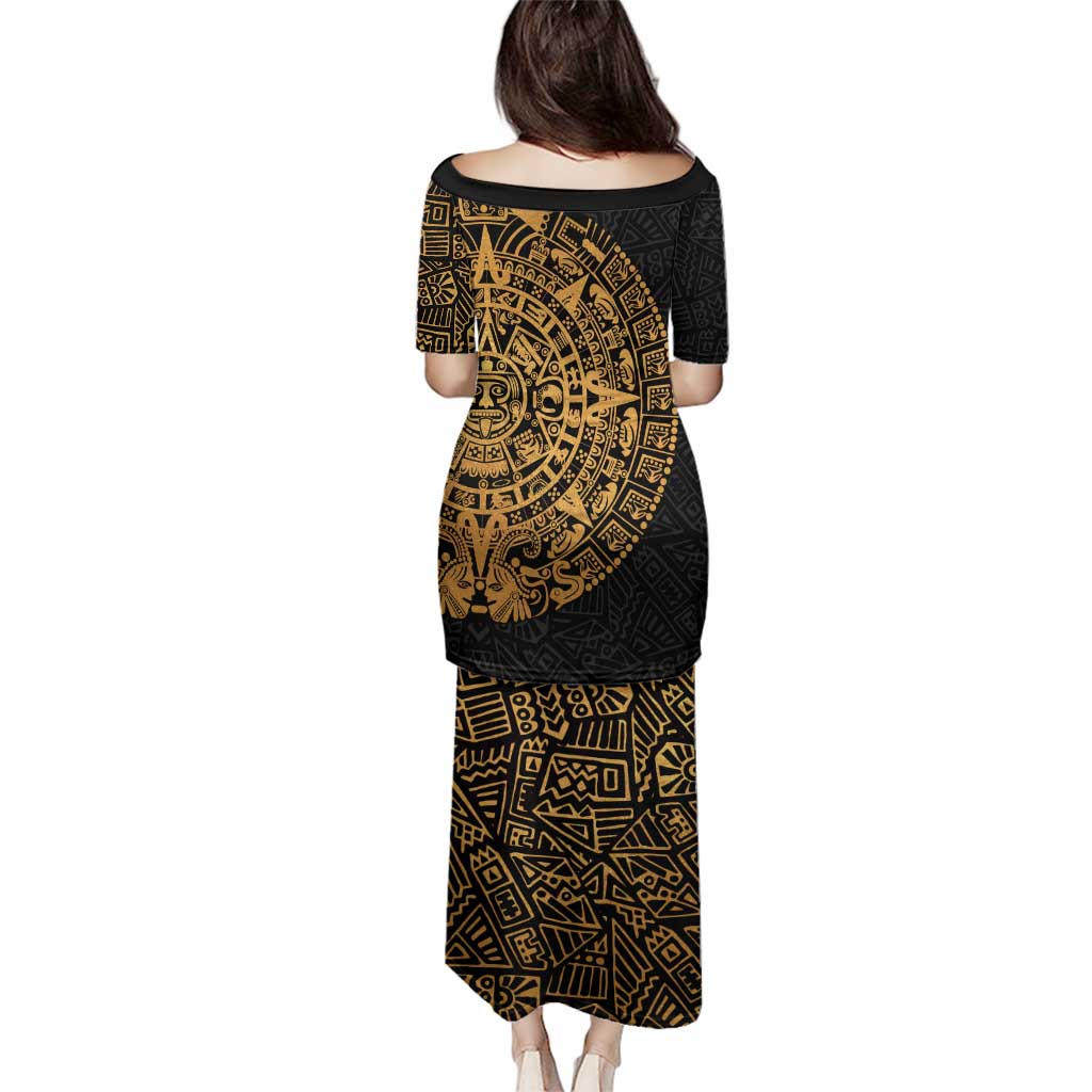 Mexican Aztec Family Matching Puletasi and Hawaiian Shirt Golden Coat of Arm - Wonder Print Shop